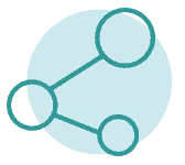 Drei umrissene Kreise, die durch Linien verbunden sind, bilden ein Netzdiagramm, das über einem größeren, schattierten Kreis auf hellblauem Hintergrund angezeigt wird.