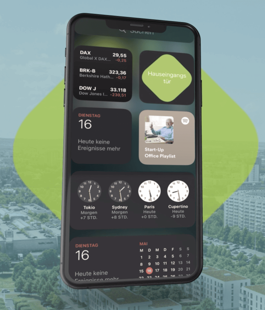 KIWI App auf dem Widgetscreen eines Iphones, mit dem sich mit einem klick digital Türen öffnen lassen