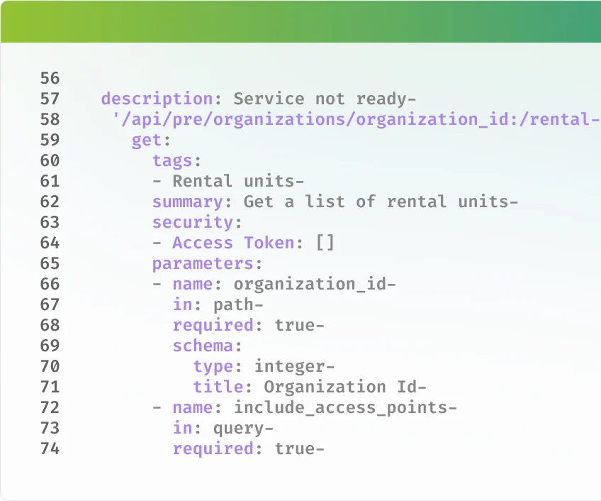 YAML-Snippet einer GET-API für Mietobjekte mit Parametern organization_id und include_access_points.