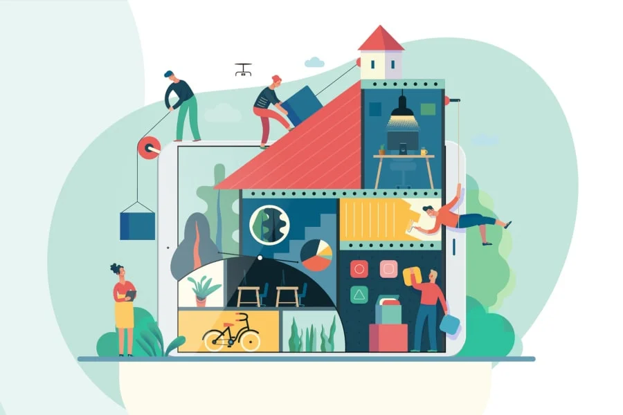 Illustration von Menschen, die ein Haus in einem Tablett bauen, als Symbol für Teamarbeit, Technologie und Hausorganisation mit verschiedenen Objekten und Diagrammen.