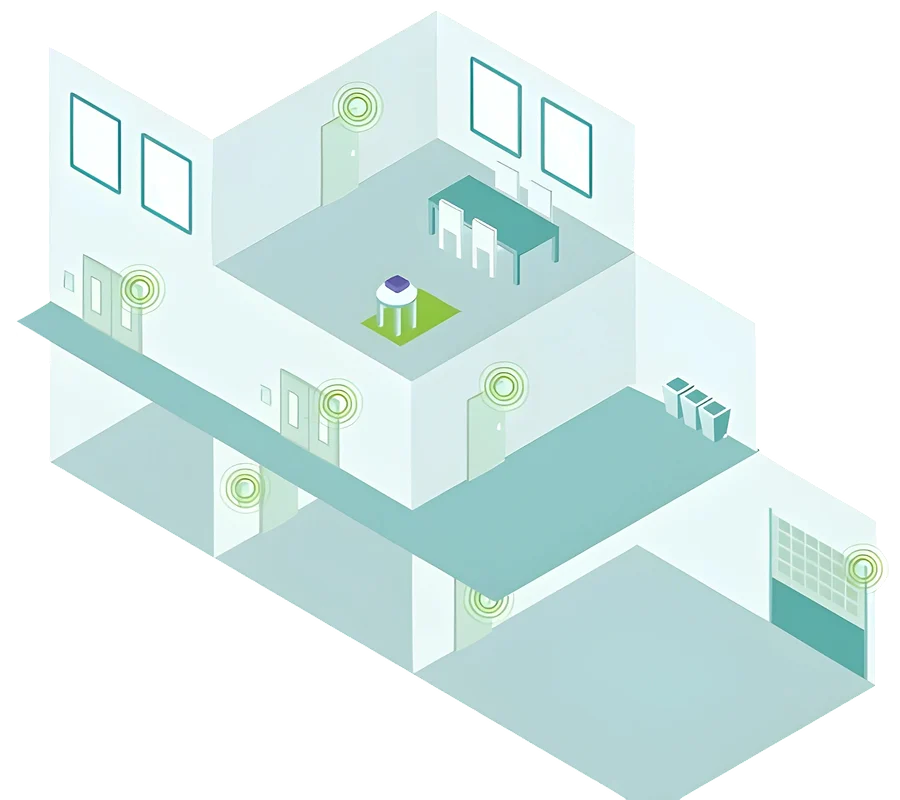 Isometrische Darstellung eines Smart Home Systems mit vernetzten Räumen und grünen Sensorsymbolen