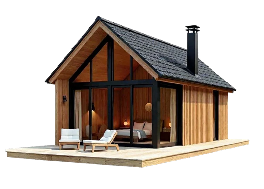 Modernes Tiny House aus Holz mit Glasfront, Terrasse und zwei Lounge-Stühlen vor dem Schlafzimmer