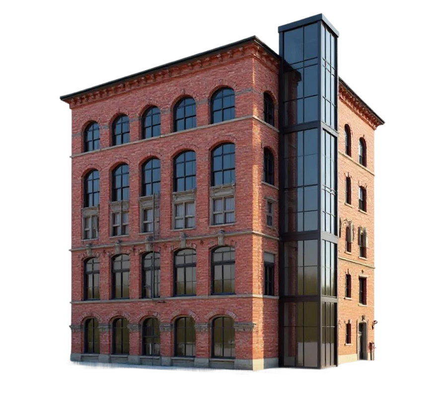 Historisches Backsteingebäude mit modernen Glasaufzügen an der Seite