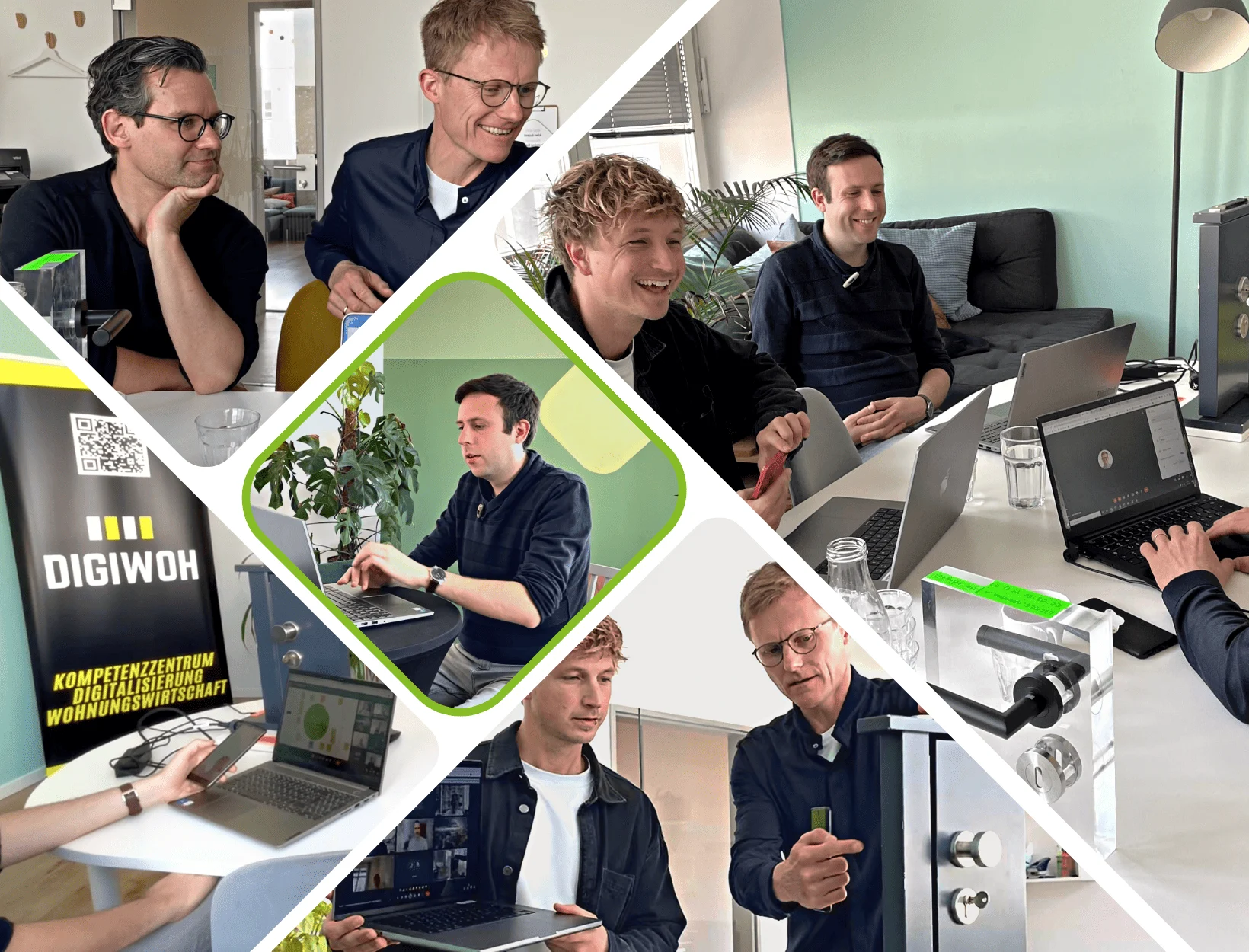 Eine Collage, die Menschen zeigt, die mit Laptops zusammenarbeiten, ein DIGIWOH-Banner und Vorführungen digitaler Technologiegeräte in einer modernen Büroumgebung.