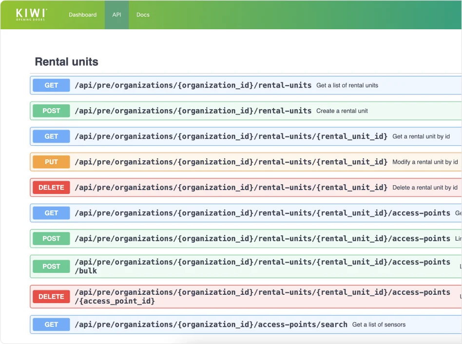 KIWI API-Dashboard zur Verwaltung von Mietobjekten mit REST-Endpunkten für GET, POST, PUT und DELETE-Anfragen, farblich markiert zur besseren Übersicht.