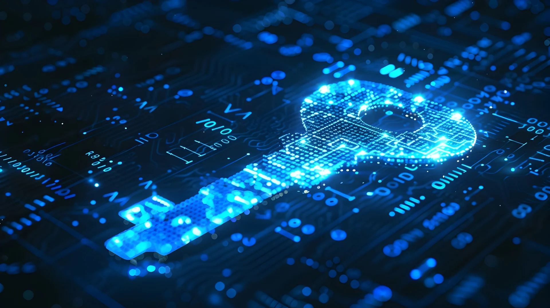 Eine digitale Illustration eines leuchtenden blauen Schlüssels aus Schaltkreismustern auf dunklem Hintergrund, der Cybersicherheit oder Datenschutz symbolisiert.