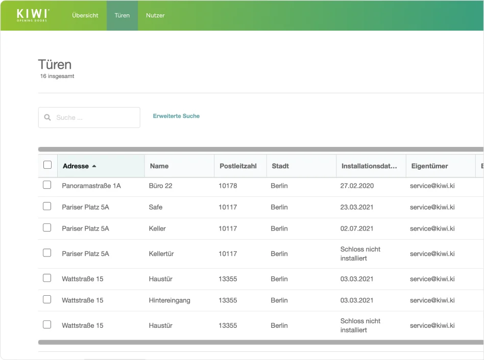Ansicht des KIWI-Portals für digitale Schließanlagen mit Türverwaltung; zeigt eine tabellarische Übersicht installierter Türen mit Adressen, Namen, Installationsdatum und Eigentümer in Berlin.