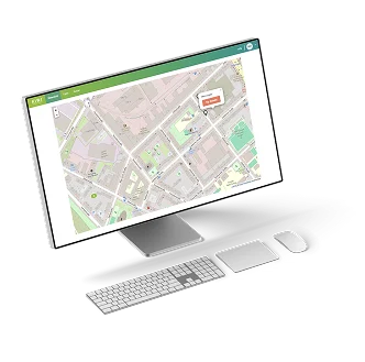Monitor mit geöffneter KIWI-Portal-Kartenansicht zur digitalen Verwaltung und Standortübersicht von Gebäuden und Türen.