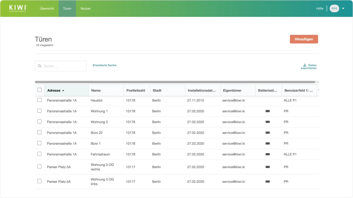 Digitale Türverwaltung im KIWI-Portal mit Funktionen wie Türübersicht, Eigentümerangabe, Installationsdatum, Batteriestatus und Benutzerrechten.