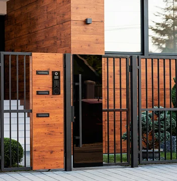 Heller Hausflur mit mehreren modernen Innentüren in dunklem Grau – geeignet für digitale Zutrittssysteme im Wohnbereich.