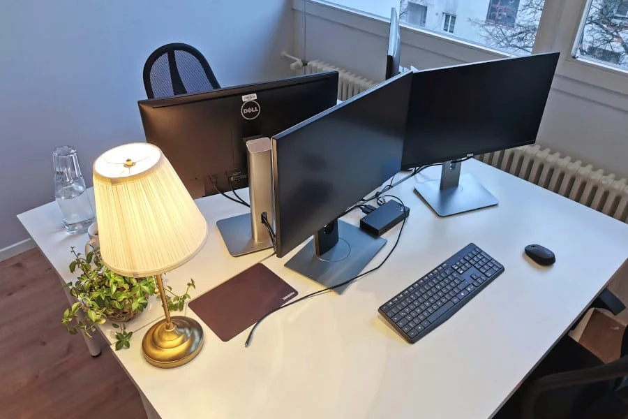 Ein moderner Bürotisch mit zwei Computermonitoren, einer Tastatur, einer Maus, einer Schreibtischlampe, einer Pflanze, einer Wasserkaraffe und einem Mousepad in Fensternähe.