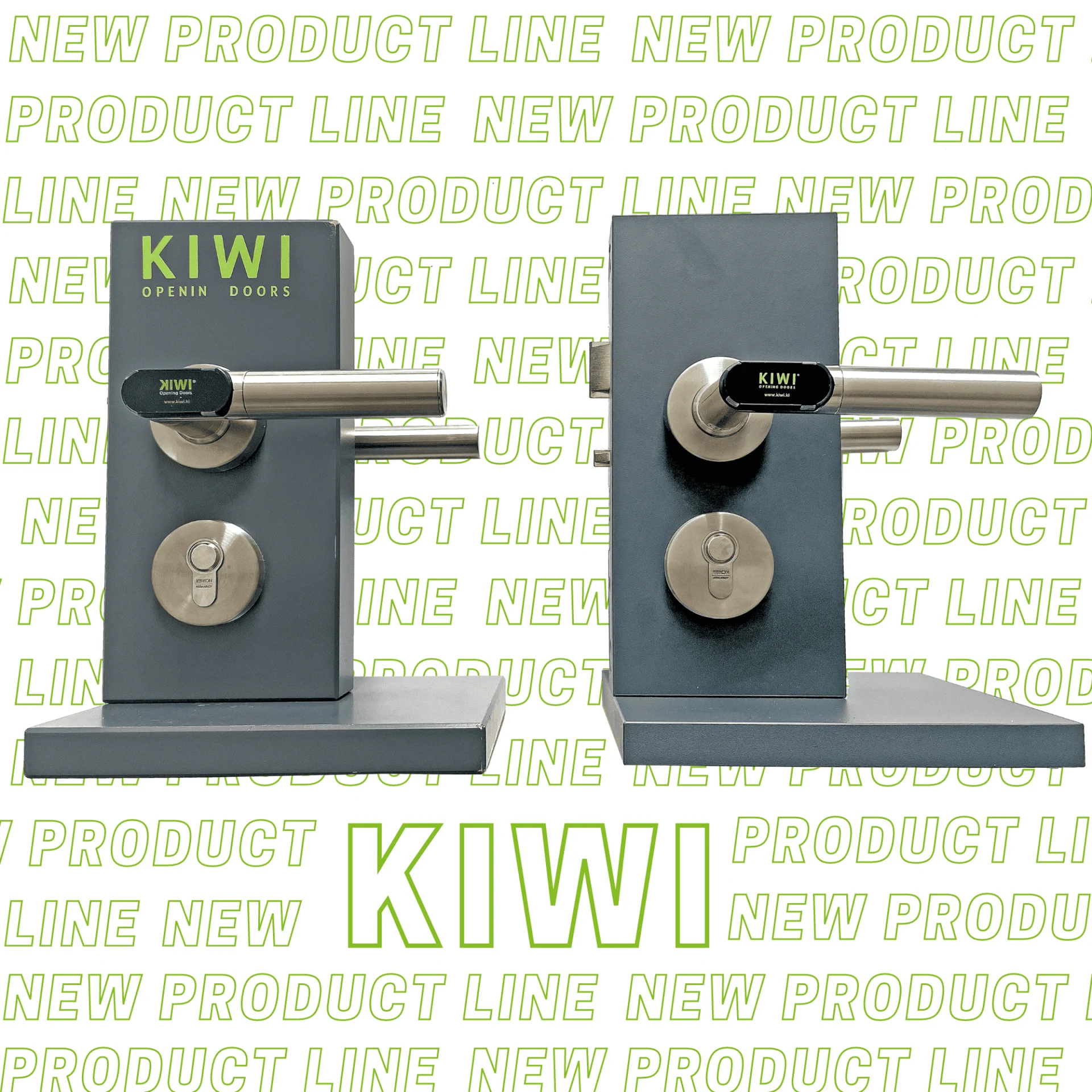 Zwei moderne Türschlossmodelle mit dem Schriftzug "KIWI OPENIN DOORS" werden vor einem Hintergrund mit wiederholtem Text "NEW PRODUCT LINE" gezeigt.