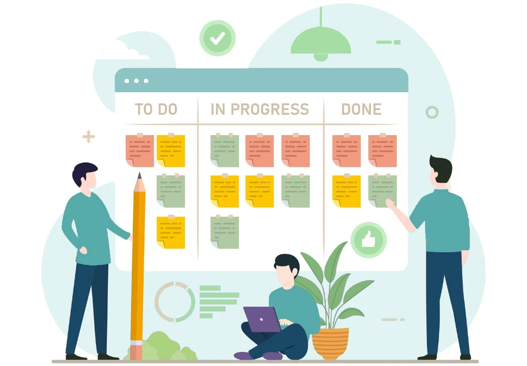 Drei Personen interagieren mit einer digitalen Kanban-Tafel, die mit "Zu erledigen", "In Arbeit" und "Erledigt" beschriftet ist. Jede Spalte ist mit farbigen Haftnotizen gefüllt, die von arbeitsbezogenen Symbolen umgeben sind.