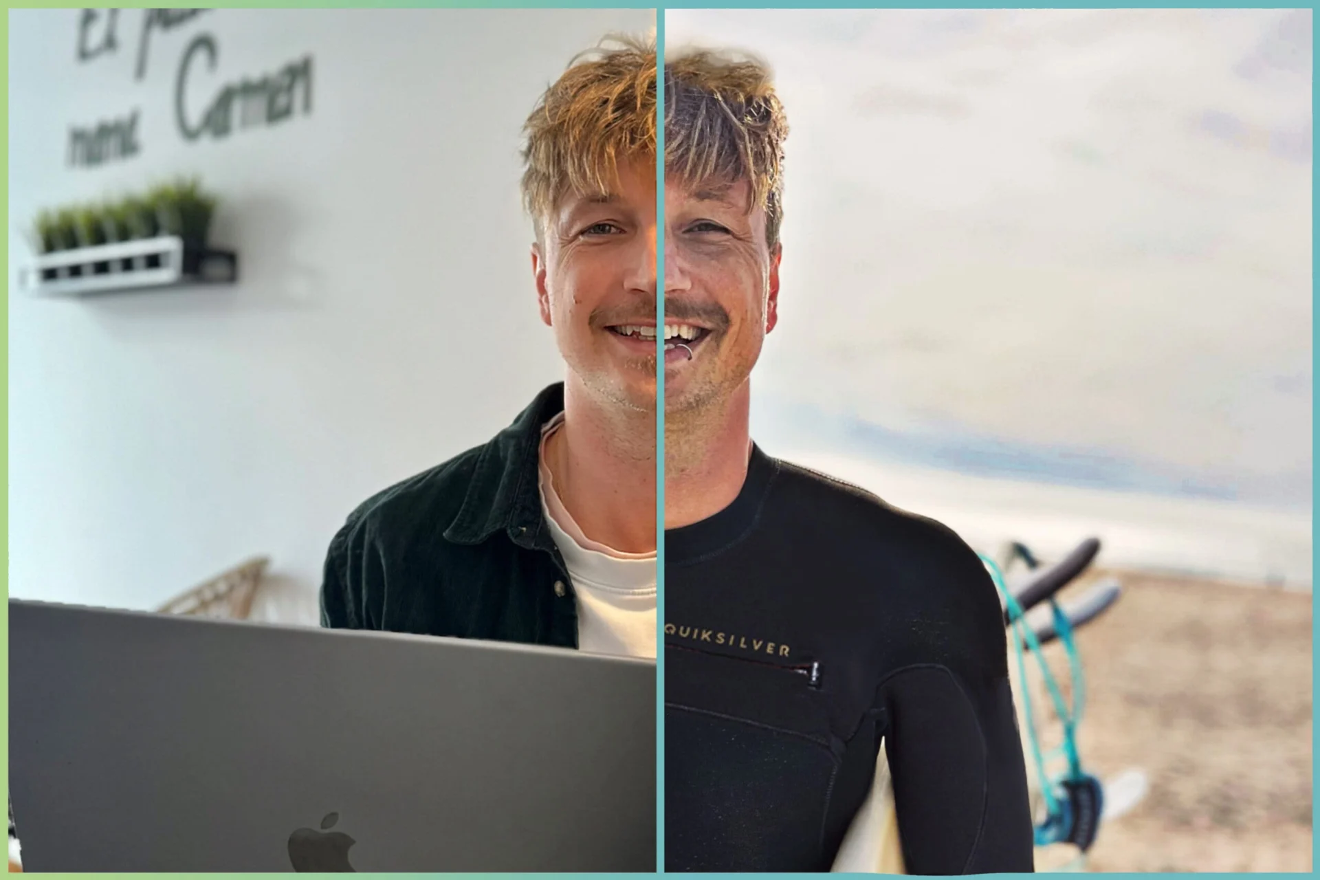 Ein geteiltes Bild eines Mannes; die linke Hälfte zeigt ihn drinnen mit einem Laptop, während die rechte Hälfte ihn draußen in einem Neoprenanzug an einem Strand mit einem Surfbrett zeigt.