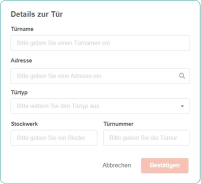 Formular zur Eingabe von Türdetails im KIWI-Portal mit Feldern für Türname, Adresse, Türtyp, Stockwerk und Türnummer.