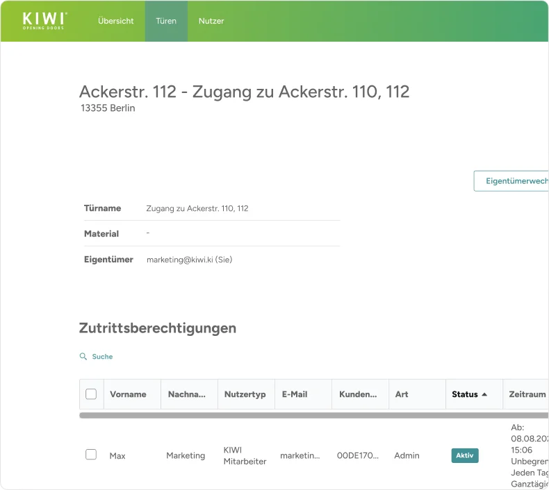 Verwaltungsansicht im KIWI-Portal mit Türdetails, Eigentümerangabe und Zutrittsberechtigungen für Mitarbeitende.