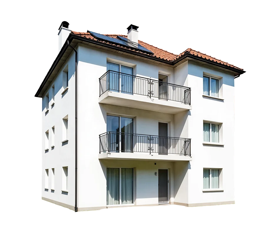 Dreistöckiges Wohnhaus mit weißer Fassade, rotem Ziegeldach und Solarpanels