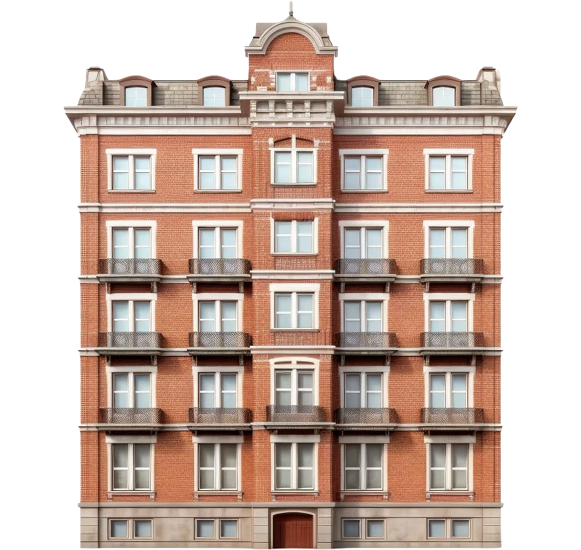 Frontalansicht eines mehrstöckigen Wohngebäudes im Altbau-Stil mit roter Klinkerfassade, Balkonen und Dachgauben – freigestellt mit transparentem Hintergrund.