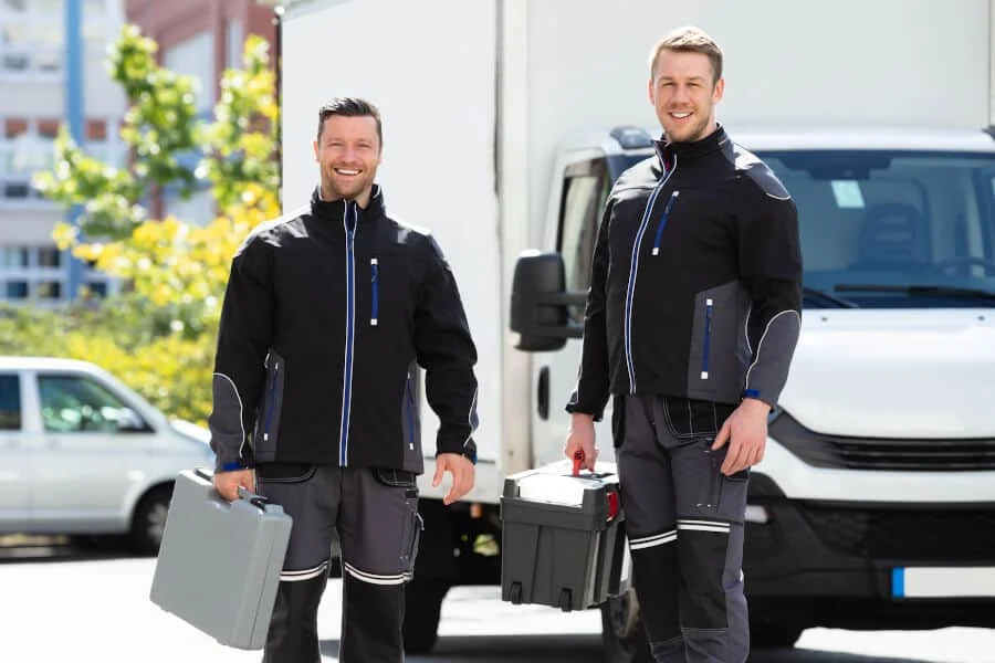 Zwei Männer in Arbeitsuniformen stehen vor einem weißen Lieferwagen, jeder hält einen Werkzeugkoffer in der Hand, im Hintergrund sind parkende Fahrzeuge und Gebäude zu sehen.