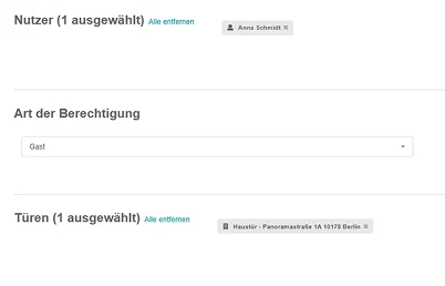 Ansicht zur Vergabe von Zutrittsrechten im KIWI-Portal mit ausgewähltem Nutzer, Berechtigungsart und zugeordneter Tür.